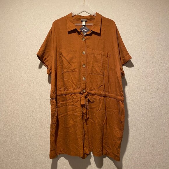 Ava & Viv Linen Brown Short Sleeve Jumpsuit 3X Belted Button Front Romper - Picture 2 of 5